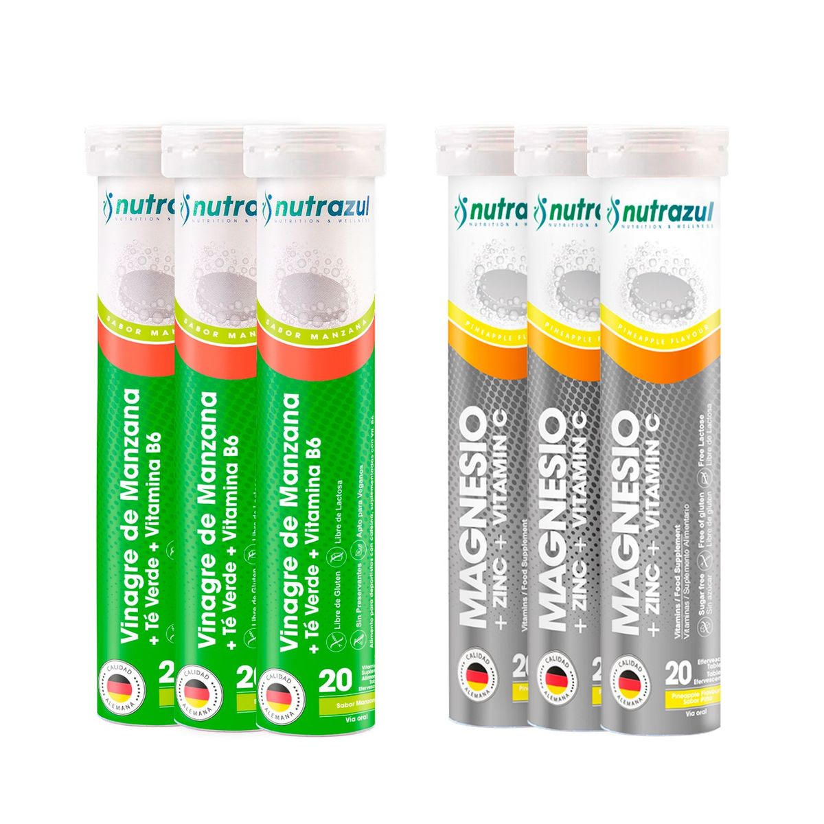 NUTRAZUL - Vinagre de Manzana - Té Verde (3) + Magnesio -Zinc (3) - Pack 6 unidades