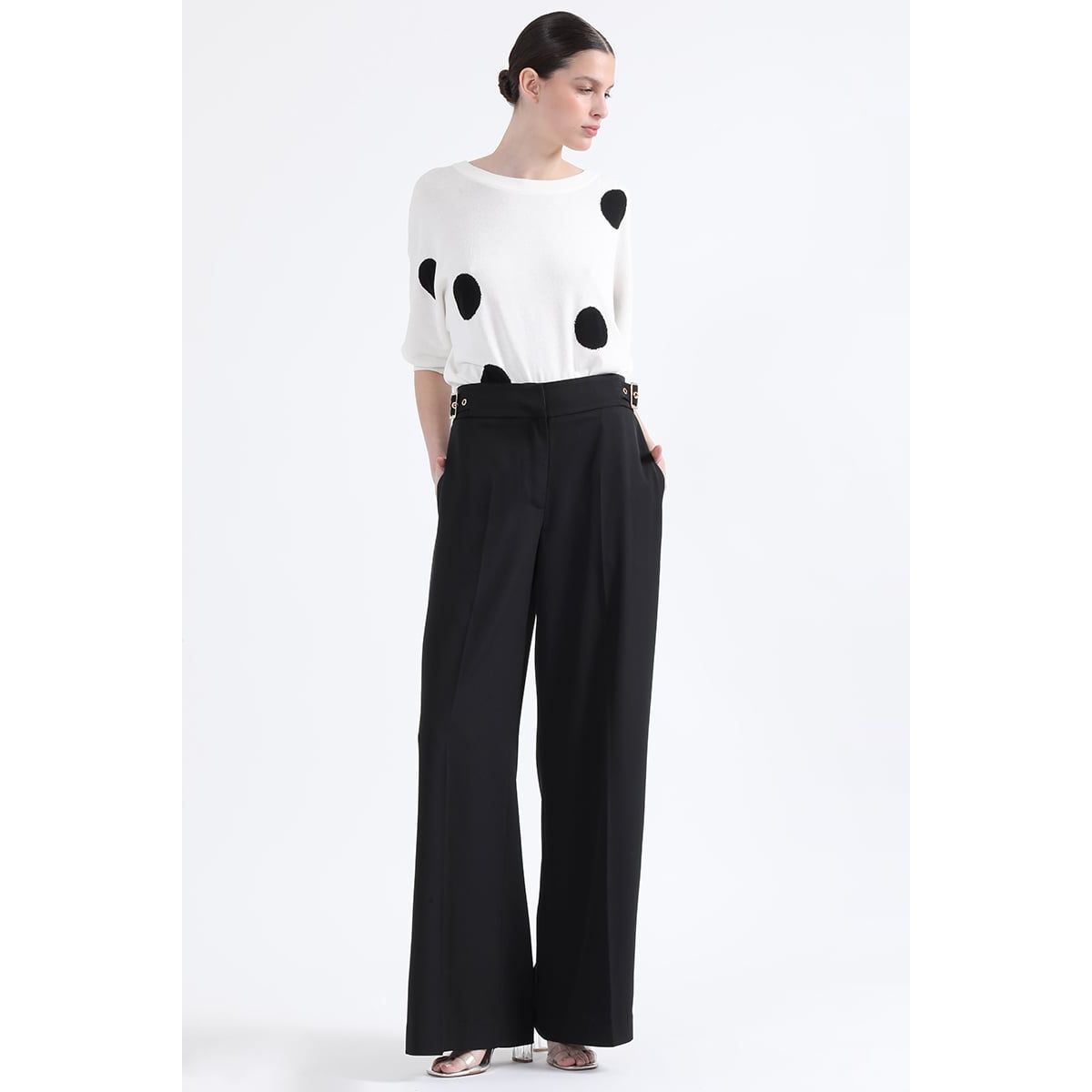 LIOLA - Pantalon Ancho, Tiro Alto, Con Hebillas, Negro Liola