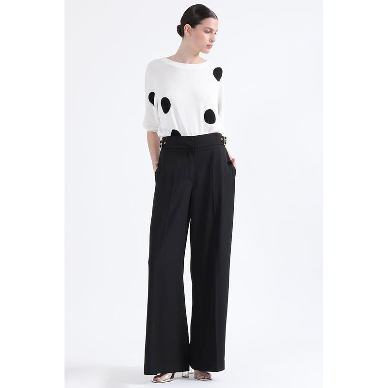 LIOLA - Pantalon Ancho, Tiro Alto, Con Hebillas, Negro Liola