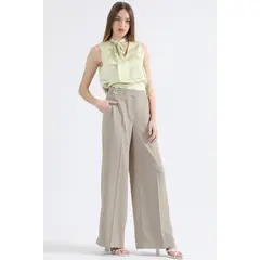LIOLA - Pantalon Ancho, Tiro Alto, Con Hebillas, Beige