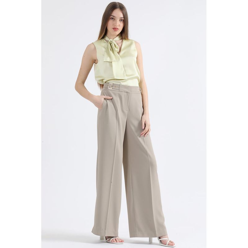 LIOLA - Pantalon Ancho, Tiro Alto, Con Hebillas, Beige Liola