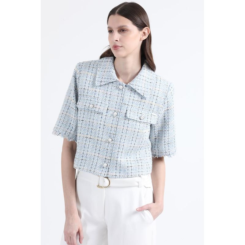 LIOLA - Chaqueta Cropped Tweed Fantasia Con Lurex, Azul Liola