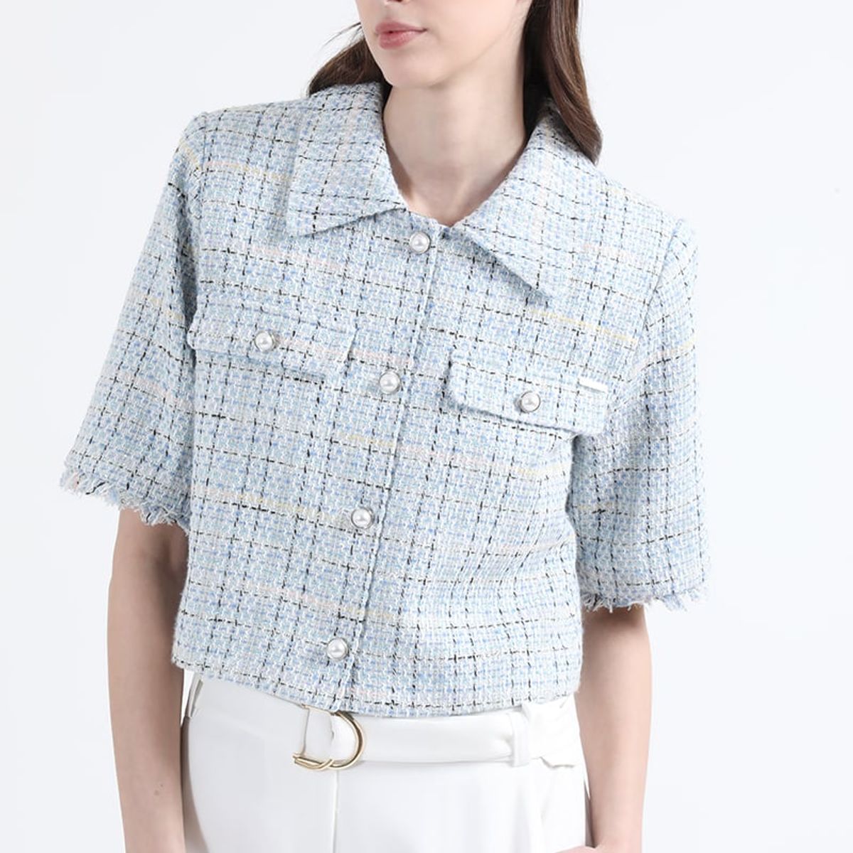 LIOLA - Chaqueta Cropped Tweed Fantasia Con Lurex, Azul Liola