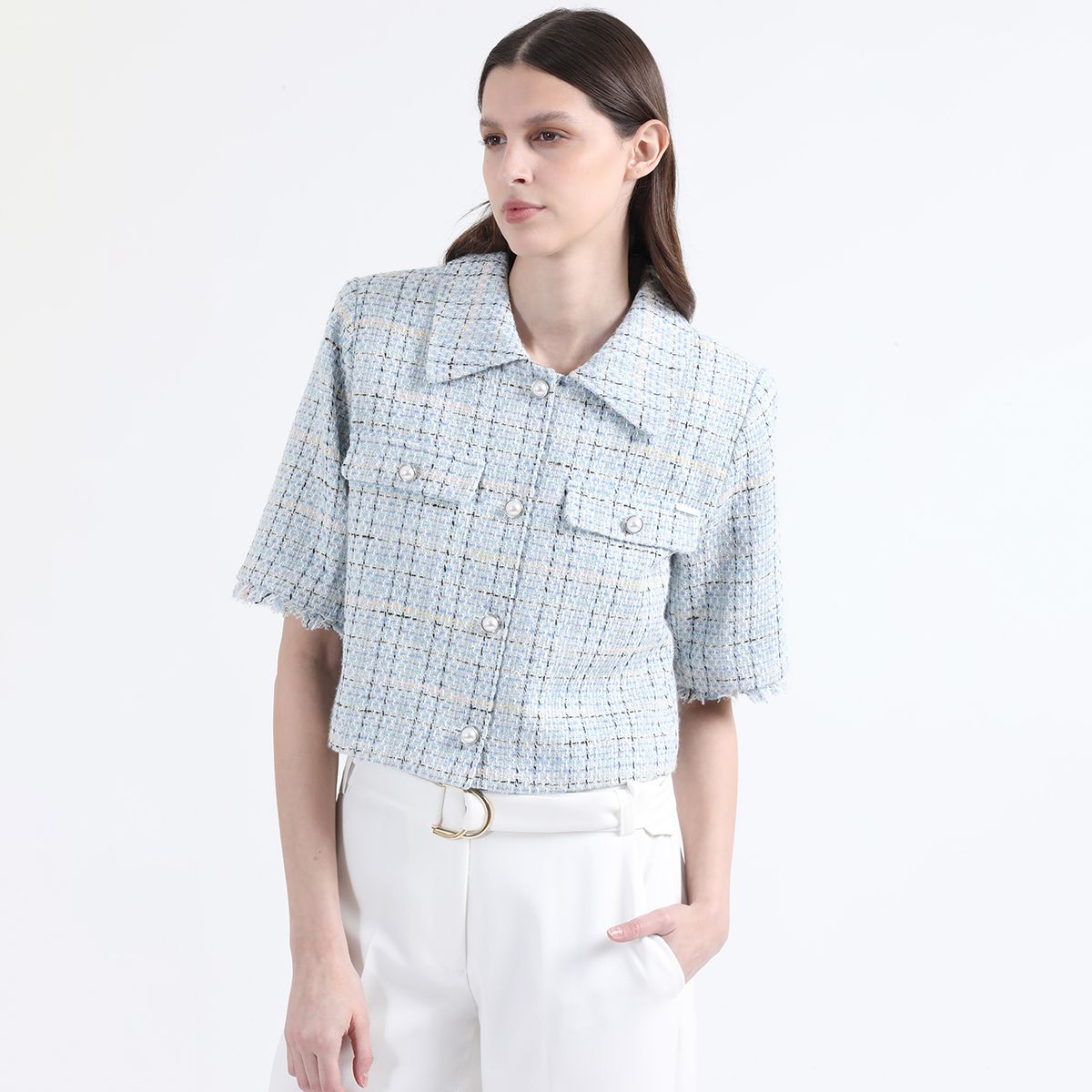 LIOLA - Chaqueta Cropped Tweed Fantasia Con Lurex, Azul Liola
