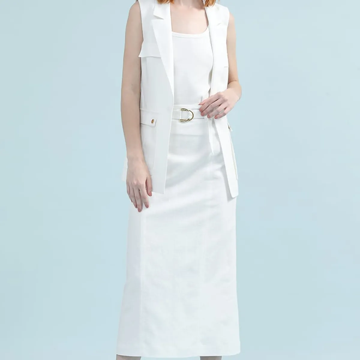 LIOLA - Falda Midi Con Cinturon, Lino Algodon, Crudo Liola