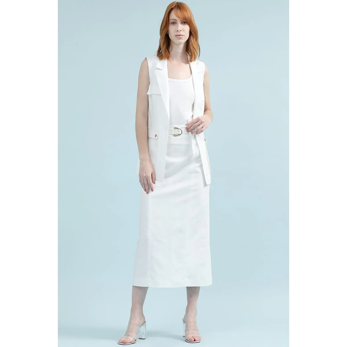 LIOLA - Falda Midi Con Cinturon, Lino Algodon, Crudo Liola