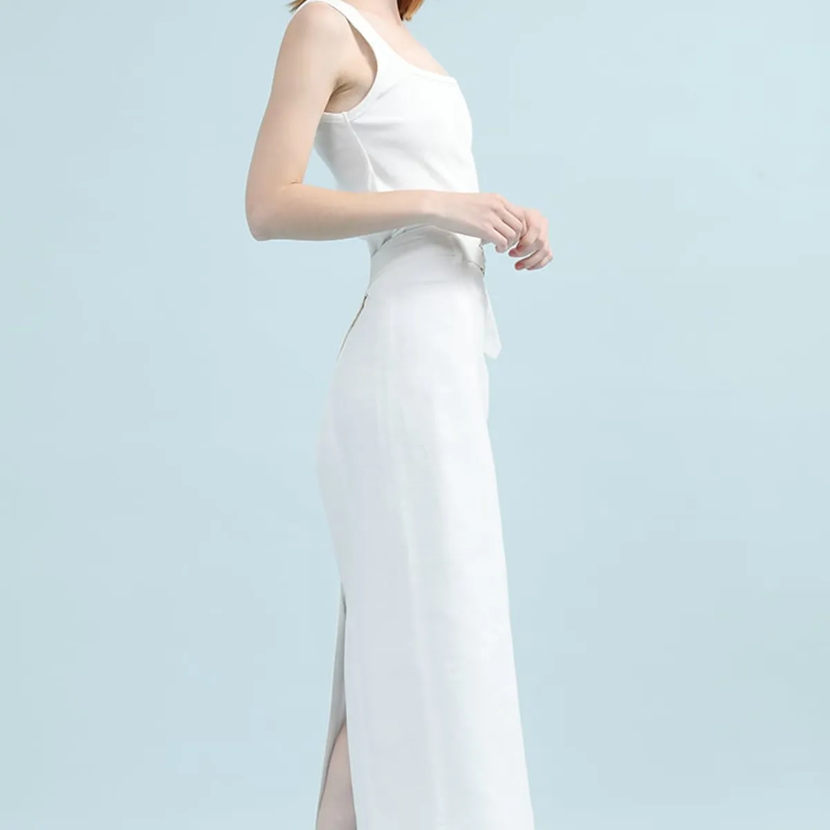 LIOLA - Falda Midi Con Cinturon, Lino Algodon, Crudo Liola