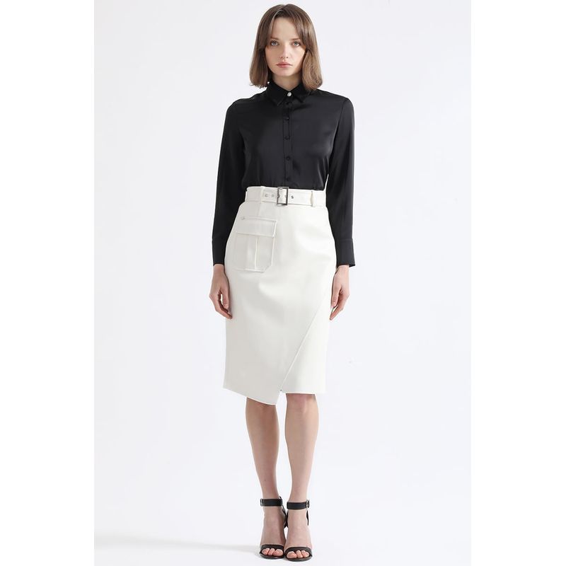 LIOLA - Falda Midi Asimetrica, Simil Cuero, Crudo Liola