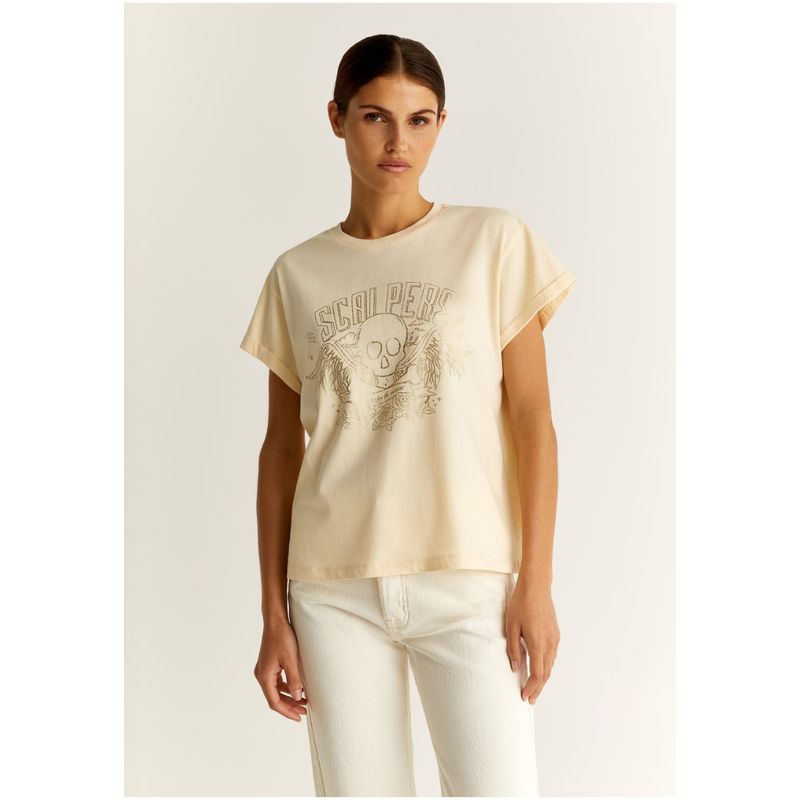 SCALPERS - Polera Print Frontal Foil Natural