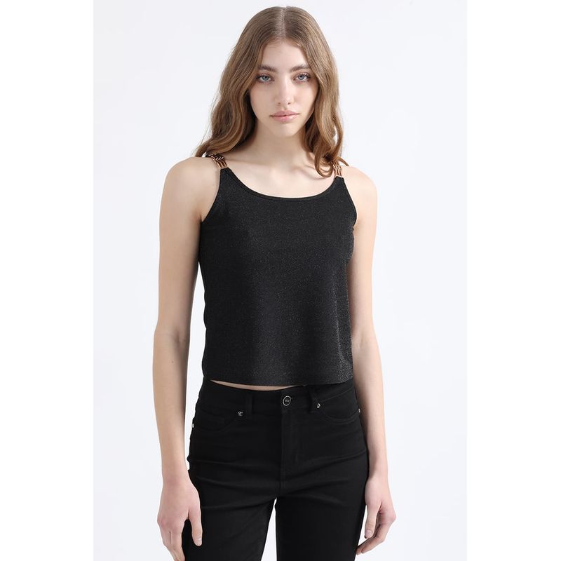 LIOLA - Top Lurex, Herraje De Metal En Hombros, Negro Liola