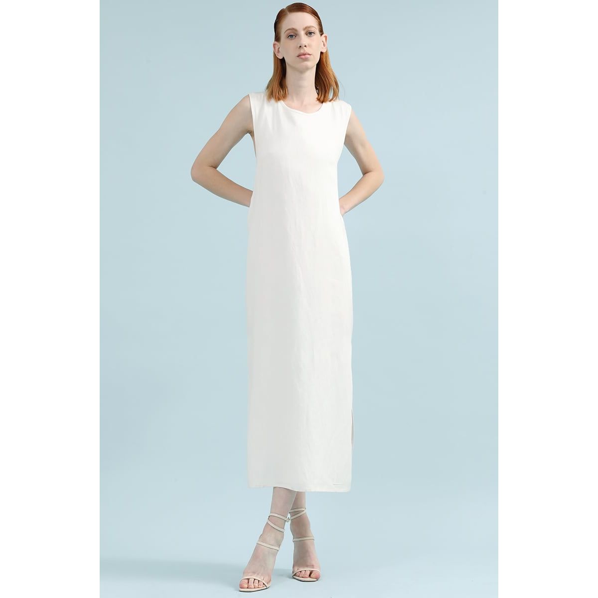 LIOLA - Vestido Midi Lino Lyocell, Cruce Espalda, Crudo Liola