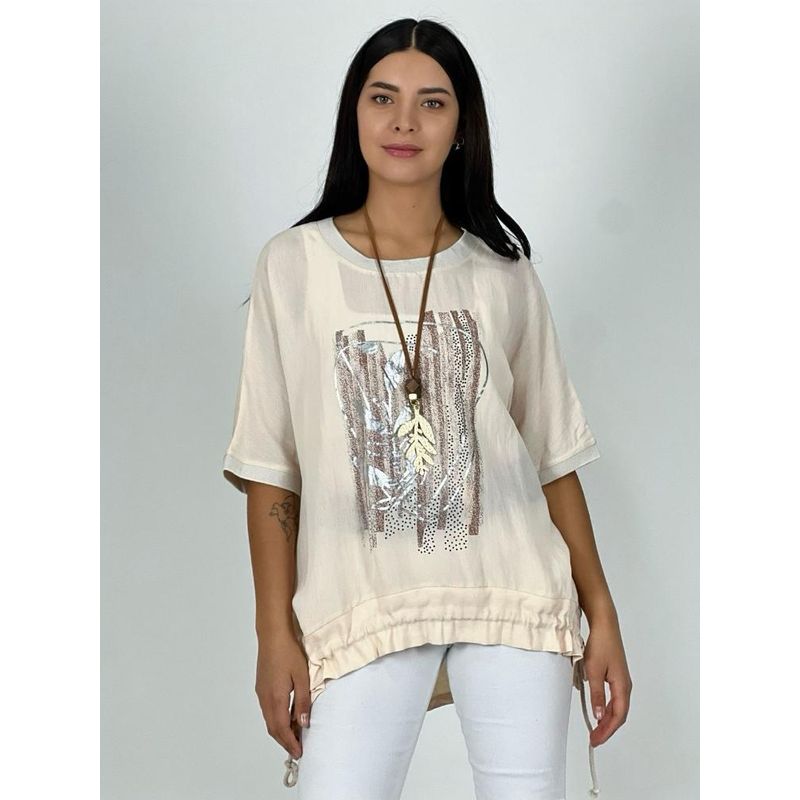 ENIGMATICA BOUTIQUE - Polera Lino Estampado Print Flor Brillante - Beige