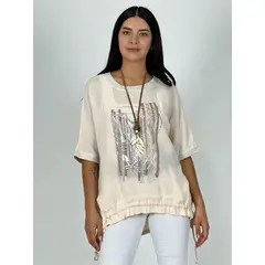 ENIGMATICA BOUTIQUE - Polera Lino Estampado Print Flor Brillante - Beige