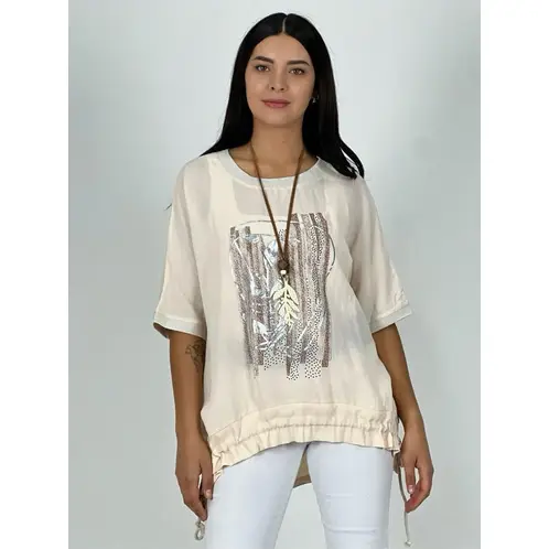 ENIGMATICA BOUTIQUE - Polera Lino Estampado Print Flor Brillante - Beige