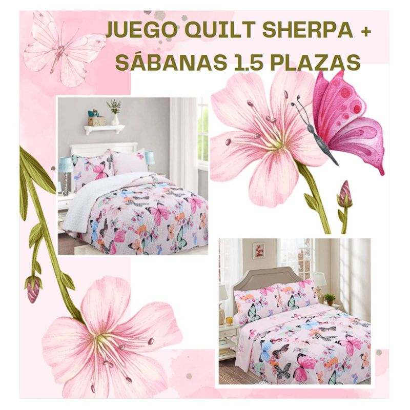 COMPRAPO - Juego Dormitorio Cubrecama Sherpa + Sábanas 1.5 Pzas Mariposas