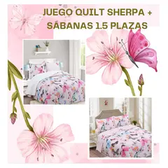 COMPRAPO - Juego Dormitorio Cubrecama Sherpa + Sábanas 1.5 Pzas Mariposas