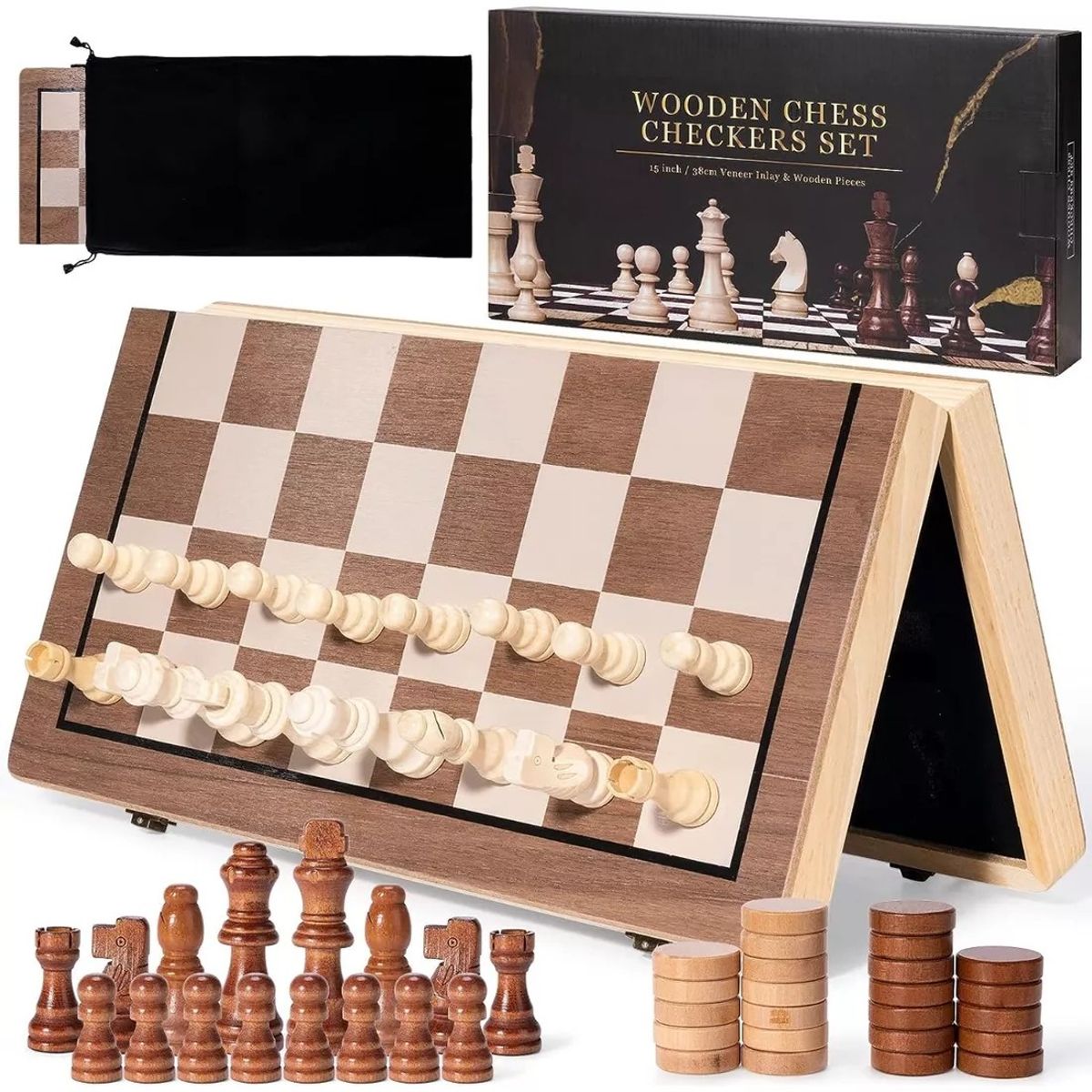 KUANGYE - Tablero De Ajedrez Magnético De Madera 40x40cm 2 En 1