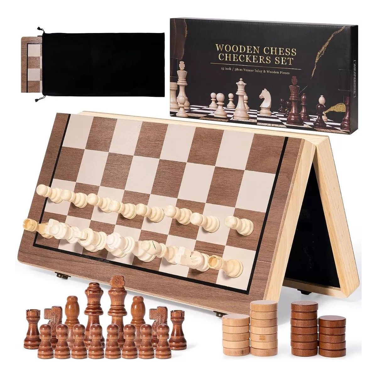 KUANGYE - Tablero De Ajedrez Magnético De Madera 40x40cm 2 En 1