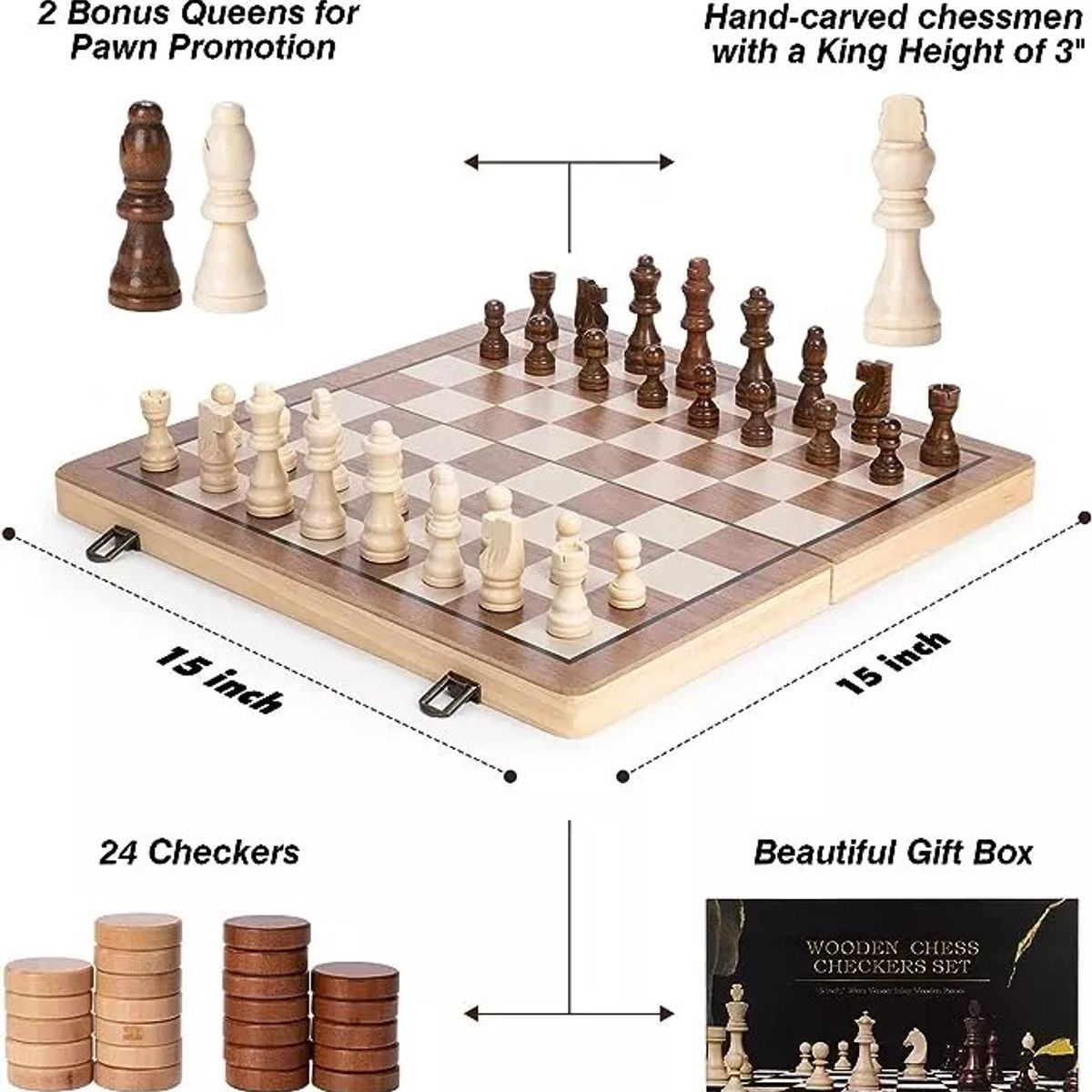 KUANGYE - Tablero De Ajedrez Magnético De Madera 40x40cm 2 En 1