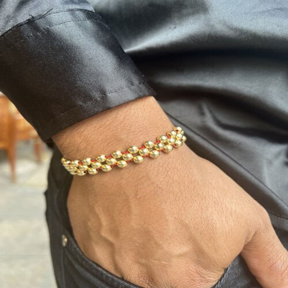 GENERICO - Pulsera Tejida Negra Balin Oro Laminado 18k