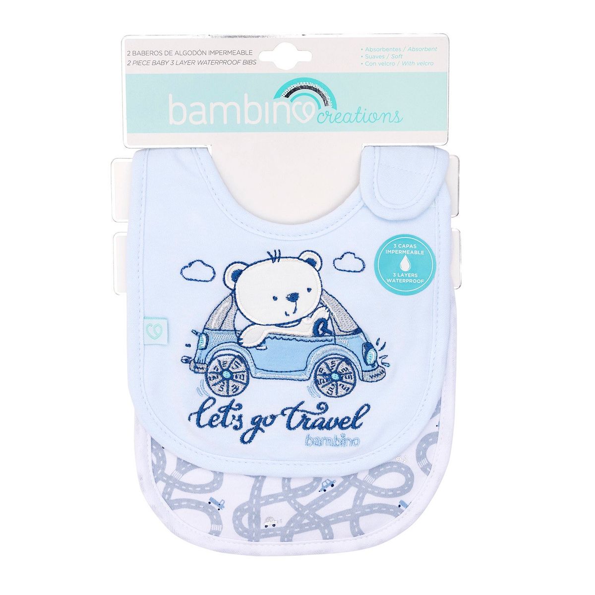 BAMBINO - Set 2 Babero Algodón Impermeable Celeste Transportes Niño