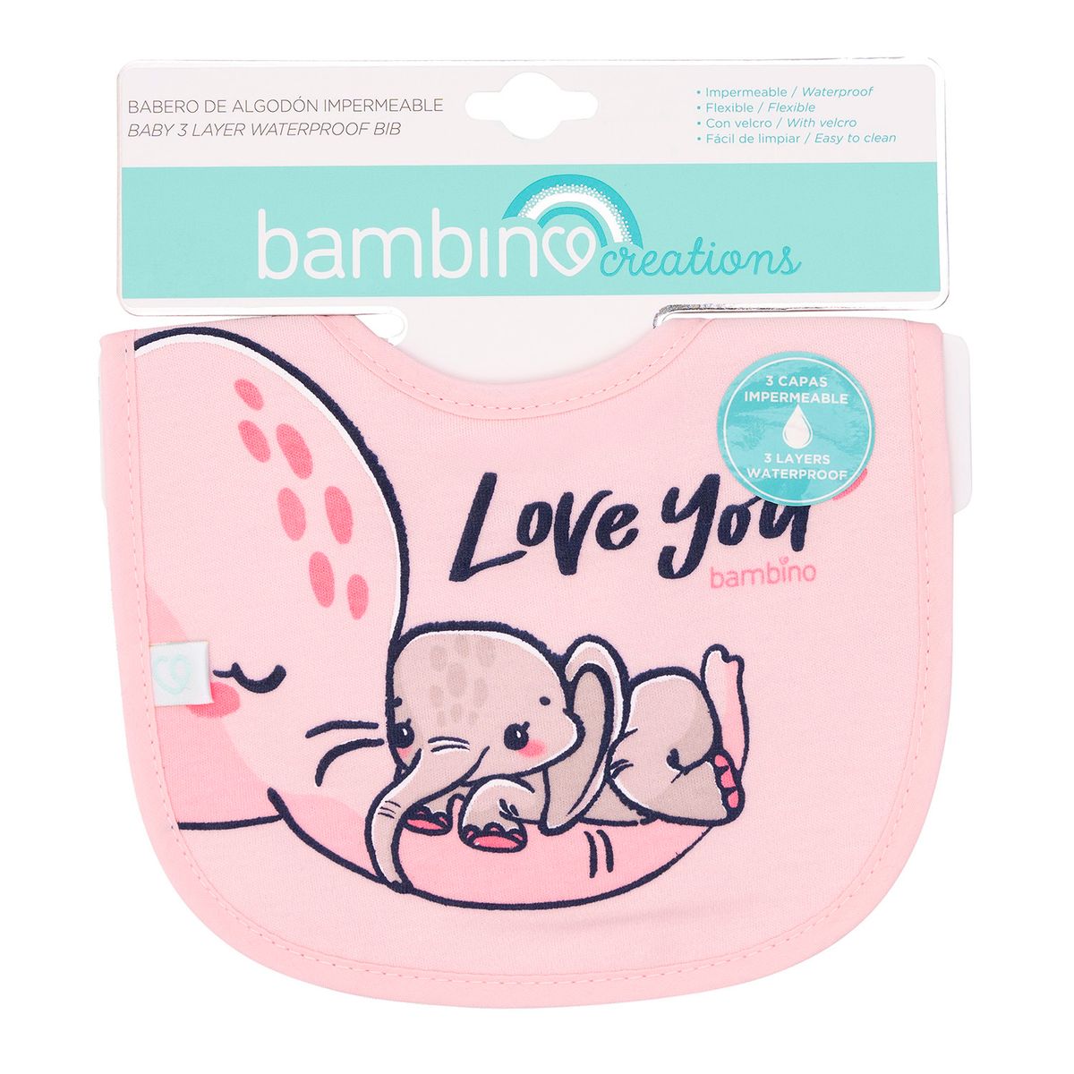 BAMBINO - Babero De Algodón Impermeable Rosado Elefantes Niña