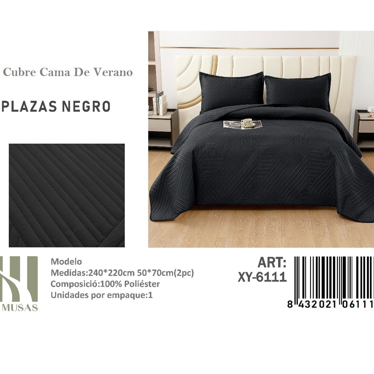 ANGELES DEL HOGAR - Cubrecama De verano 2 Plazas MUSAS Color  Color Negro