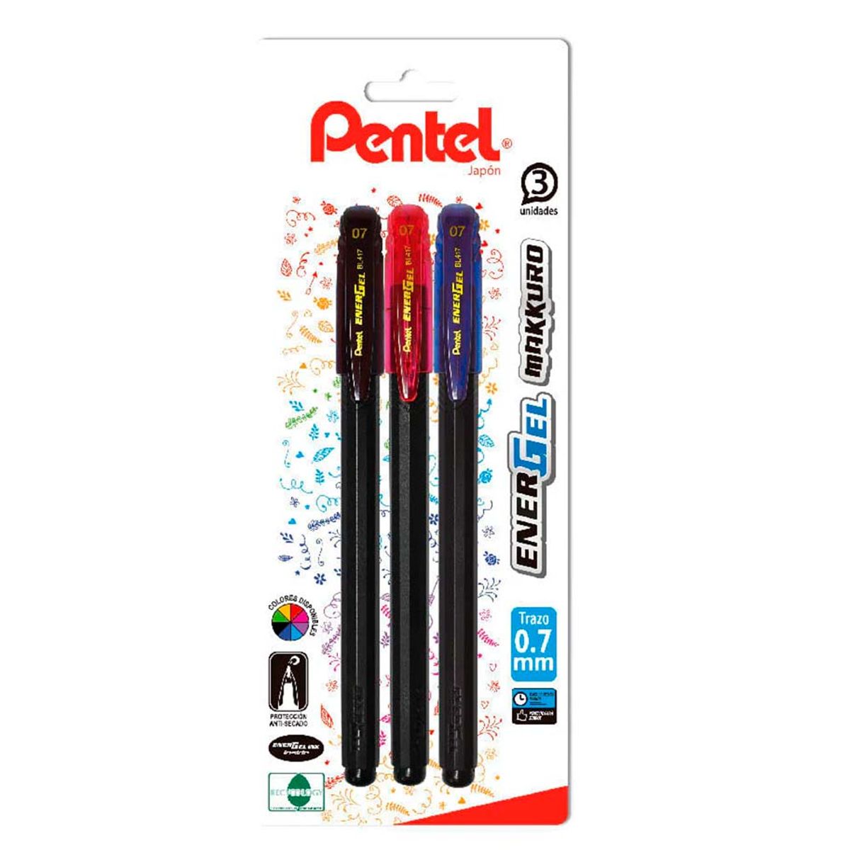 PENTEL - Set 3 Lápices Gel Makkuro 07mm azul negro rojo Pentel