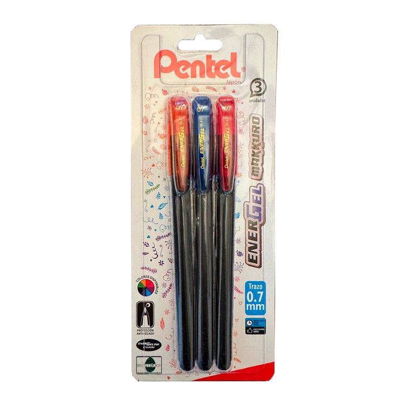 PENTEL - Set 3 Lápices Gel Makkuro 07mm naranjo azul rojo Pentel