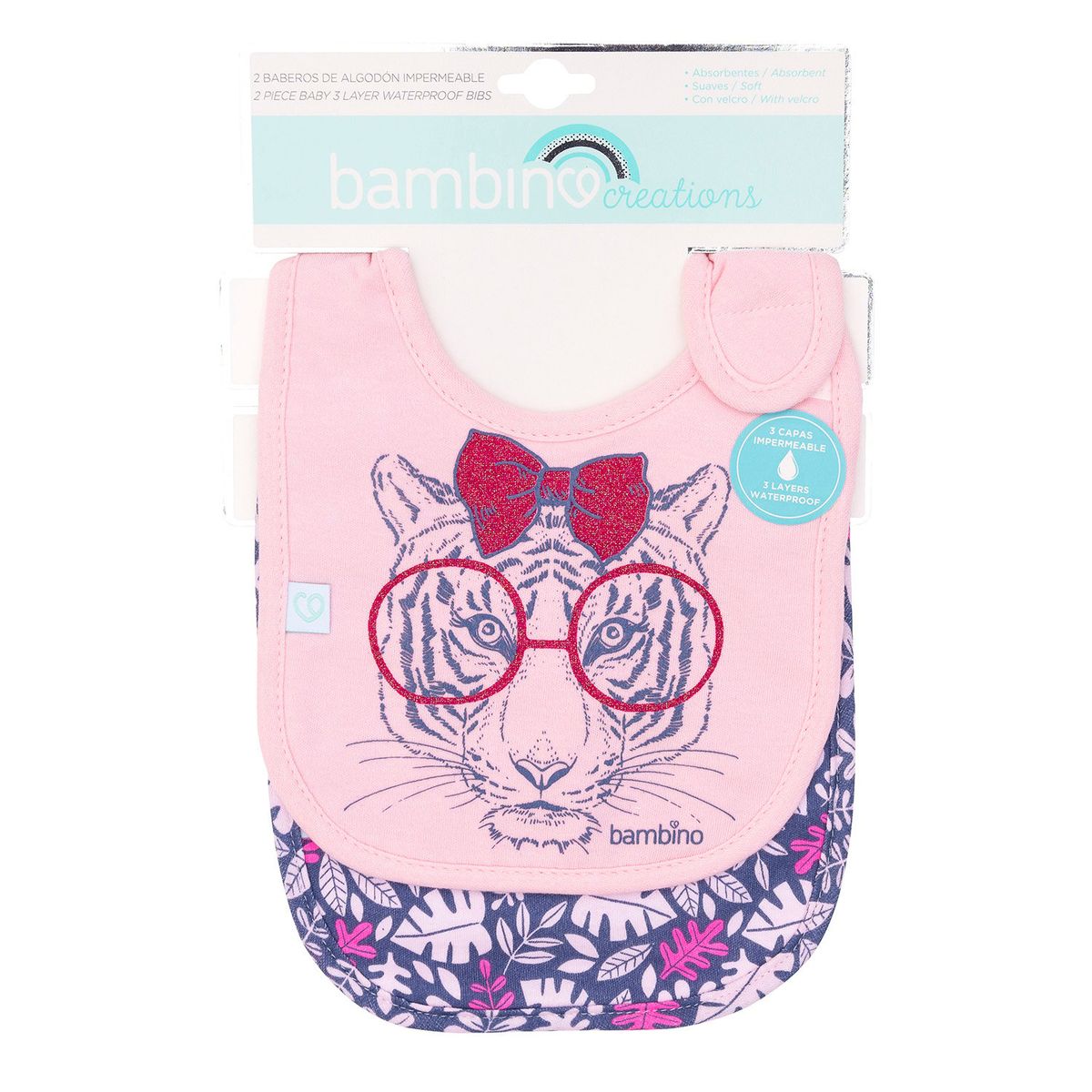BAMBINO - Set 2 Babero Algodón Impermeable Azul Tigresa Niña