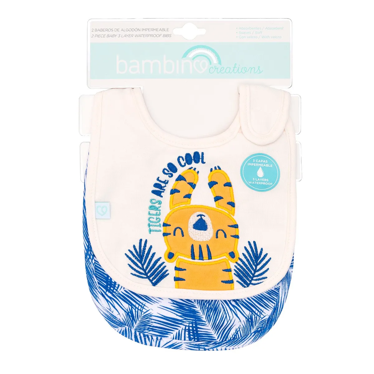 BAMBINO - Set 2 Babero Algodón Impermeable Azul Tigre Niño