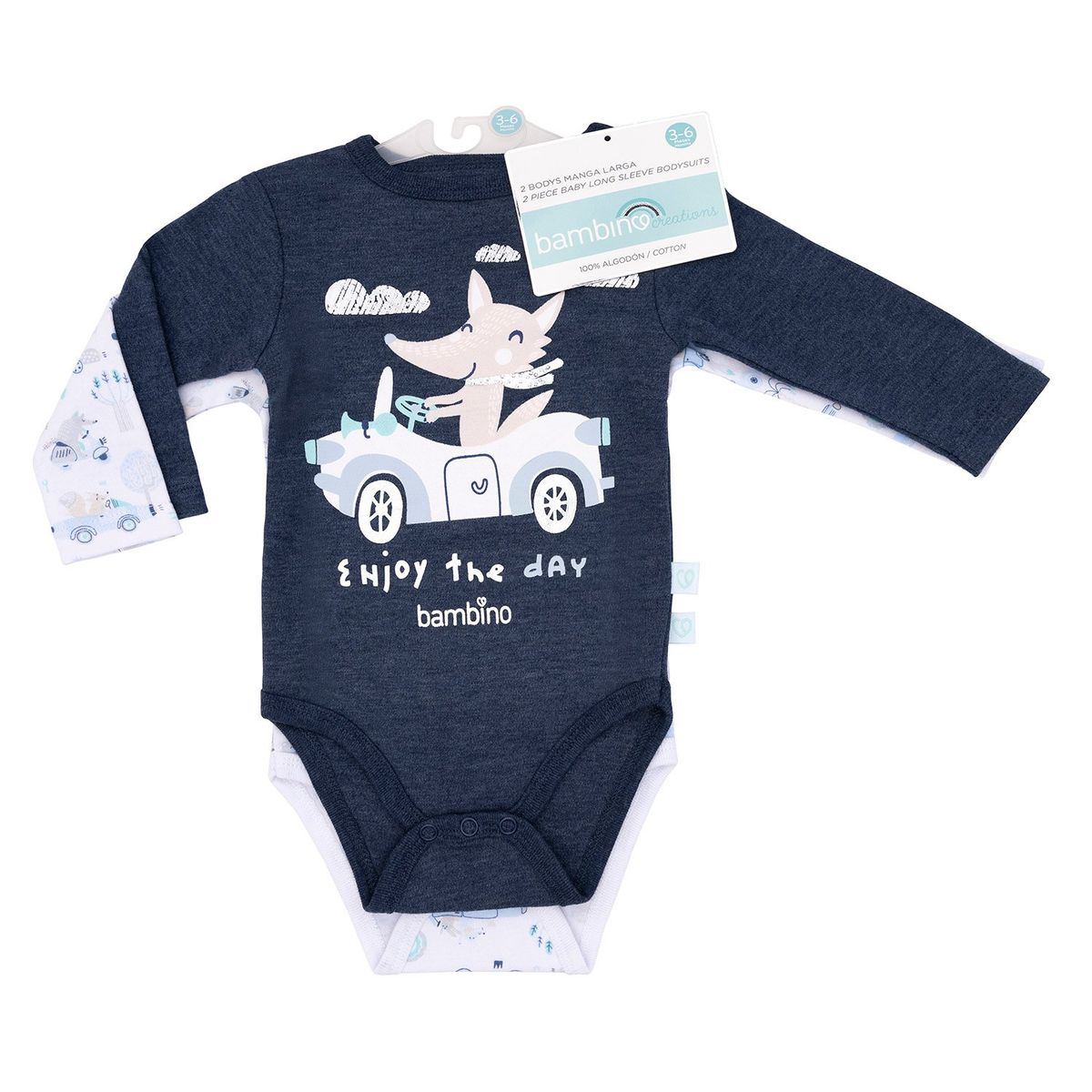 BAMBINO - Set 2 Bodys Manga Larga Azul Zorro Niño 3 - 6 Meses