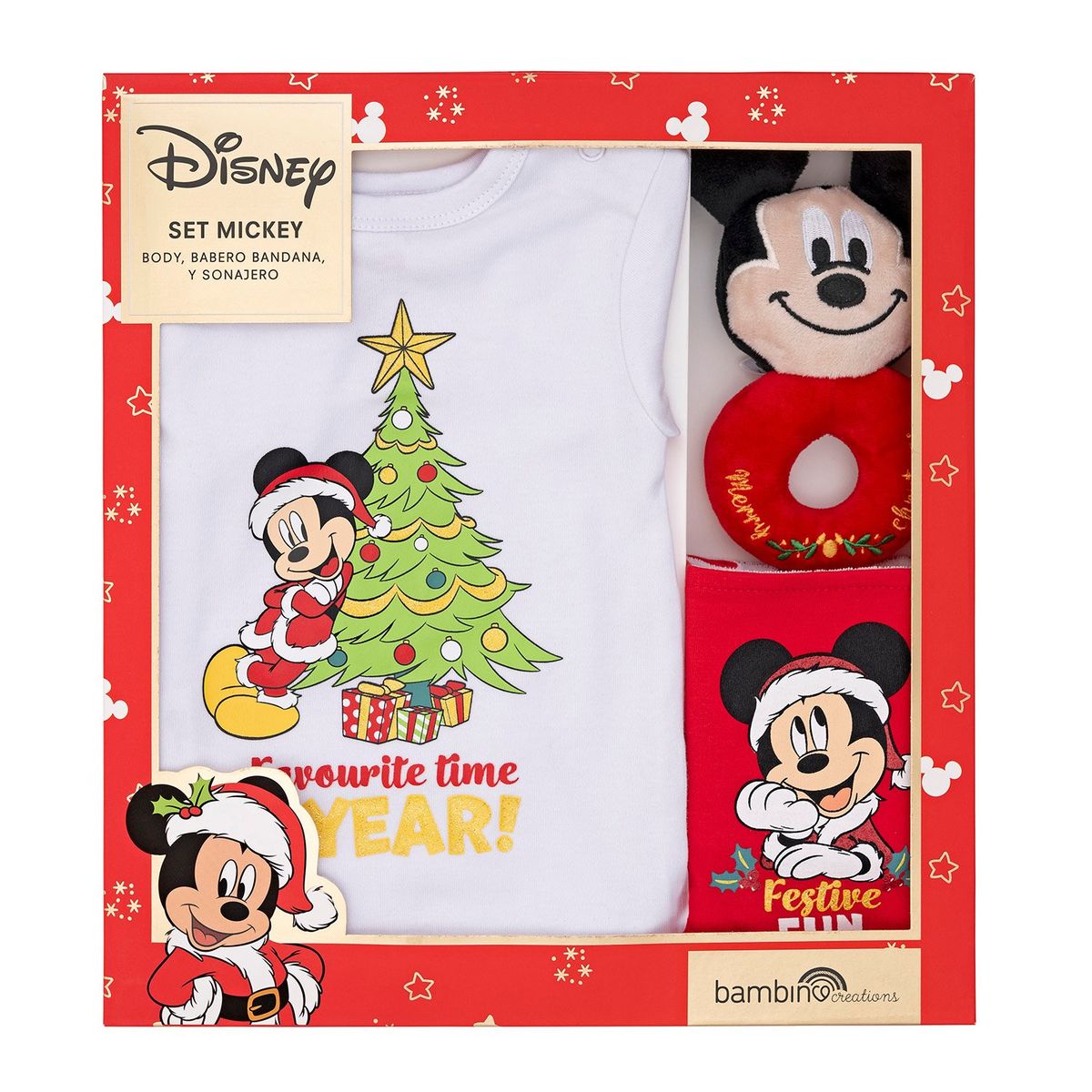 BAMBINO - Set 3 Piezas Navidad Disney Rojo Niño Mickey 6-9 Meses