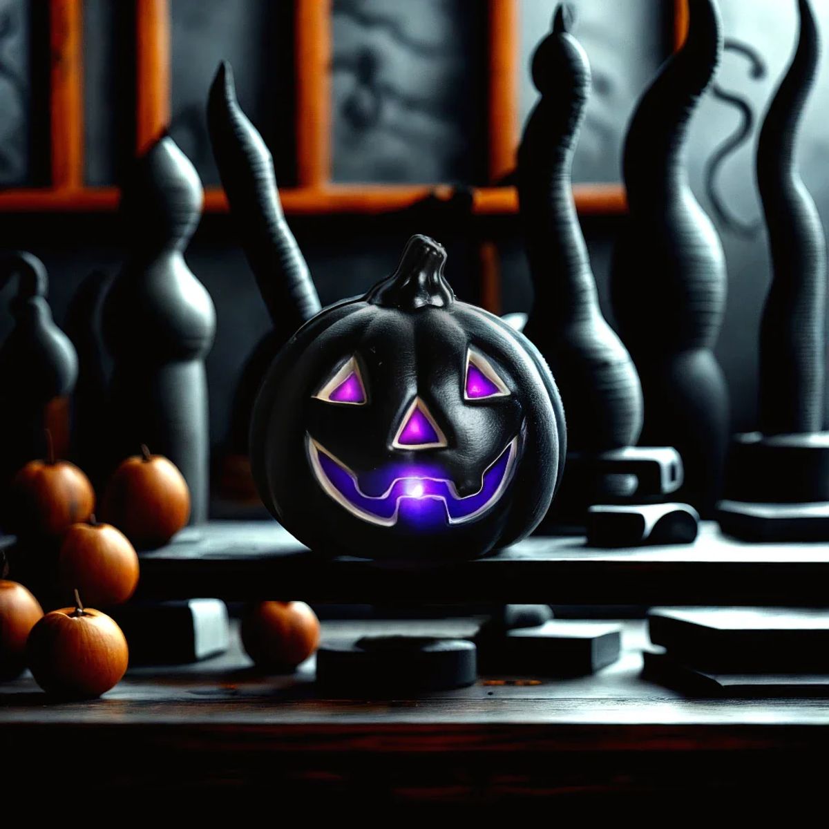 FRANK & MORTIS - Calabaza Negra Mini Con Luz Led 12x13cm Decoración Halloween