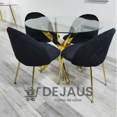GENERICO - Mesa Dubai Dorada (100cm) con 4 Sillas Tokio Felpa Negro