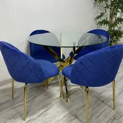 GENERICO - Mesa Dubai Dorada (100cm) con 4 Sillas Tokio Felpa Azul Eléctrico