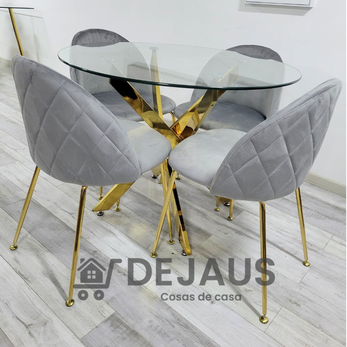 GENERICO - Mesa Dubai Dorada (100cm) con 4 Sillas Tokio Felpa Gris