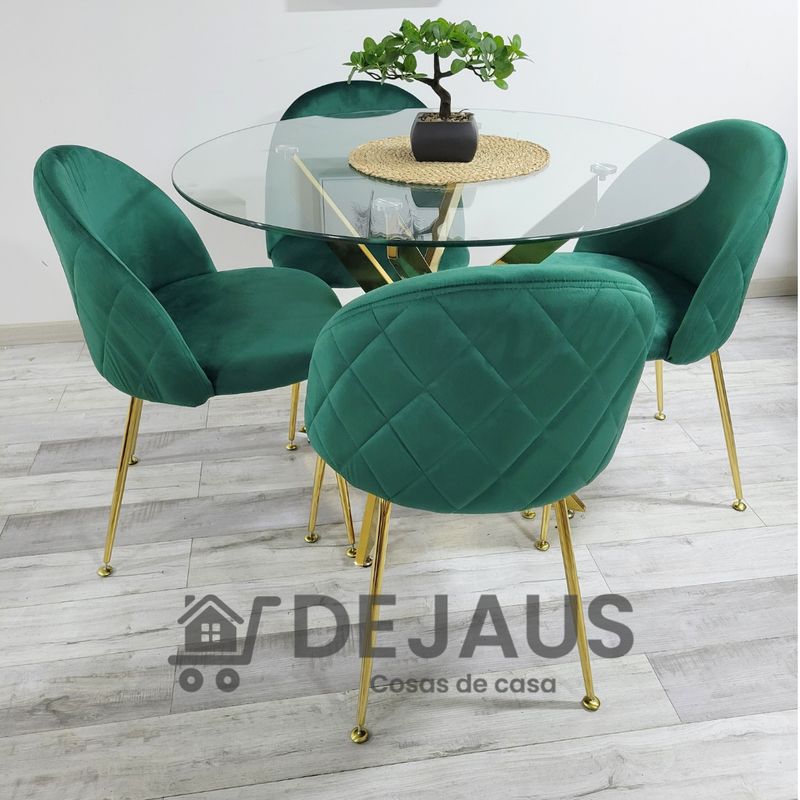 GENERICO - Mesa Dubai Dorada (100cm) con 4 Sillas Tokio Felpa Verde Botella