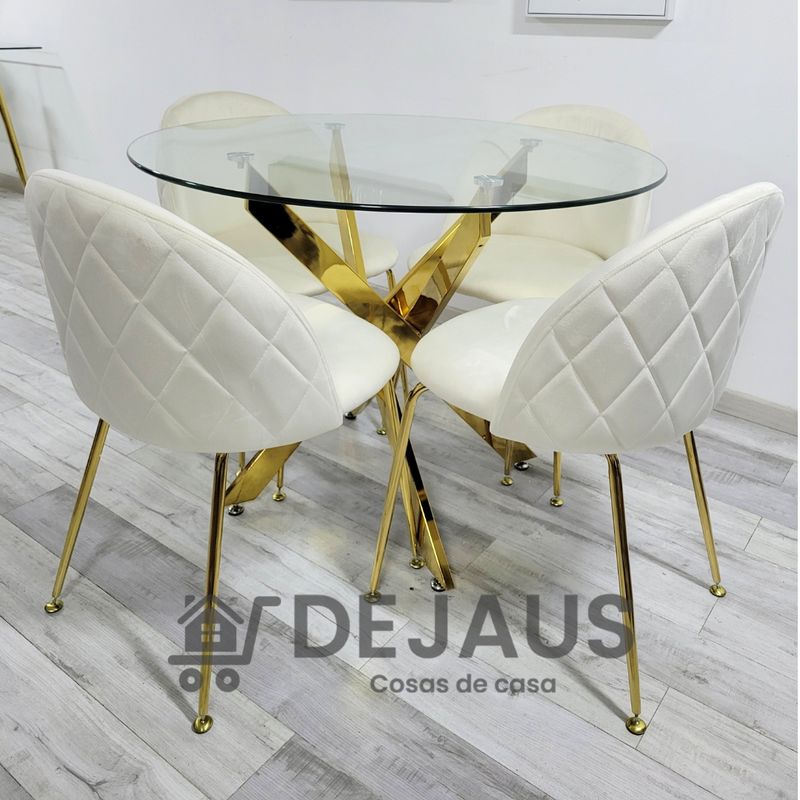 GENERICO - Mesa Dubai Dorada (100cm) con 4 Sillas Tokio Felpa Blanco