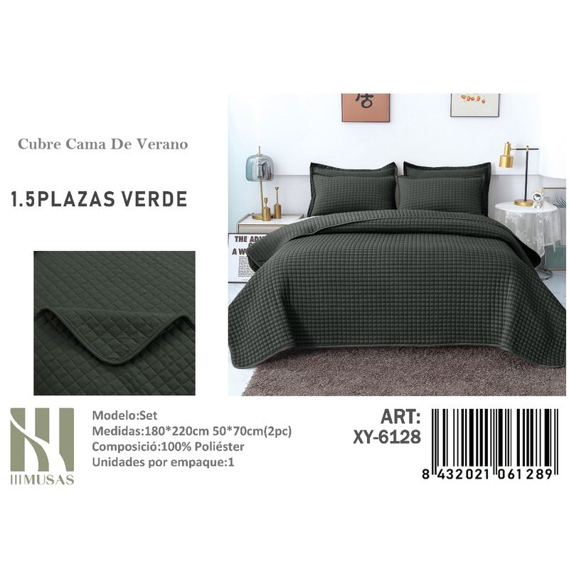 ANGELES DEL HOGAR - Cubrecama De verano Plaza y media 15 MUSAS Color  Verde Oscuro
