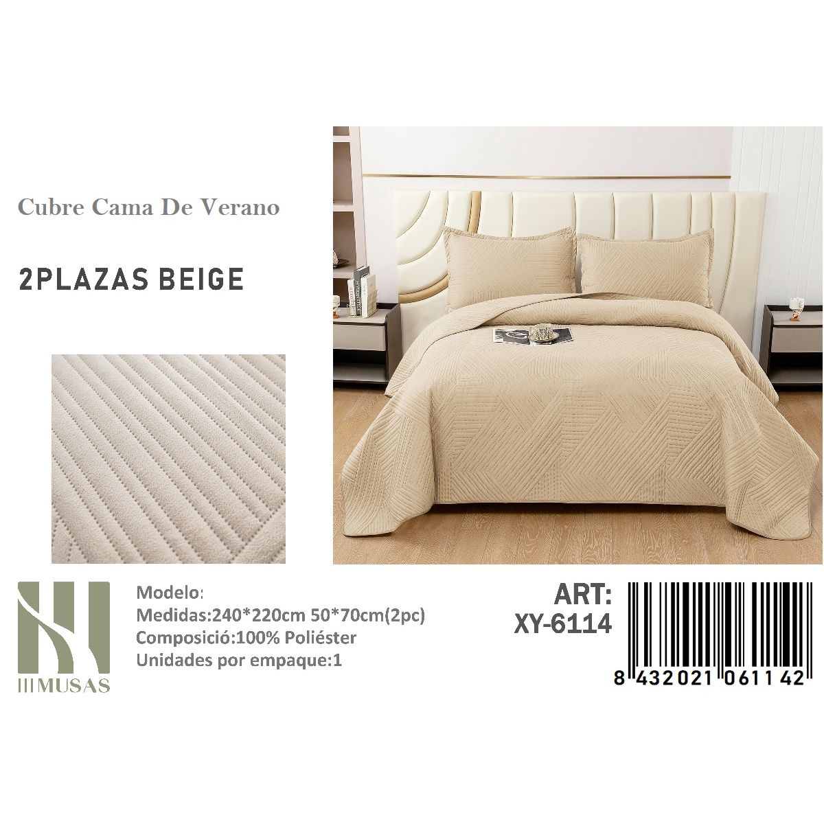 ANGELES DEL HOGAR - Cubrecama De verano 2 Plazas MUSAS Color  Color Beige