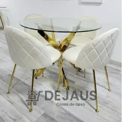 GENERICO - Mesa Dubai Dorada (80cm) con 4 Sillas Tokio Felpa Blanco