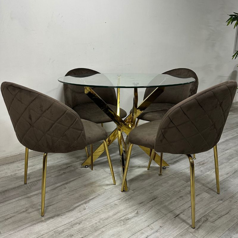 GENERICO - Mesa Dubai Dorada (120cm) con 4 Sillas Tokio Felpa Marrón