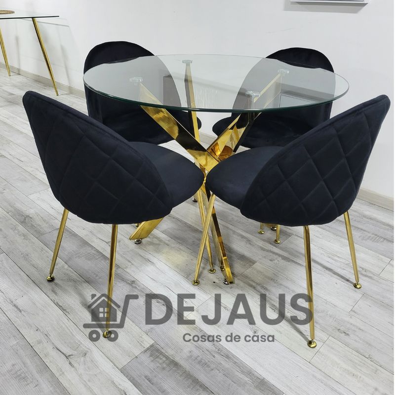 GENERICO - Mesa Dubai Dorada (120cm) con 4 Sillas Tokio Felpa Negro