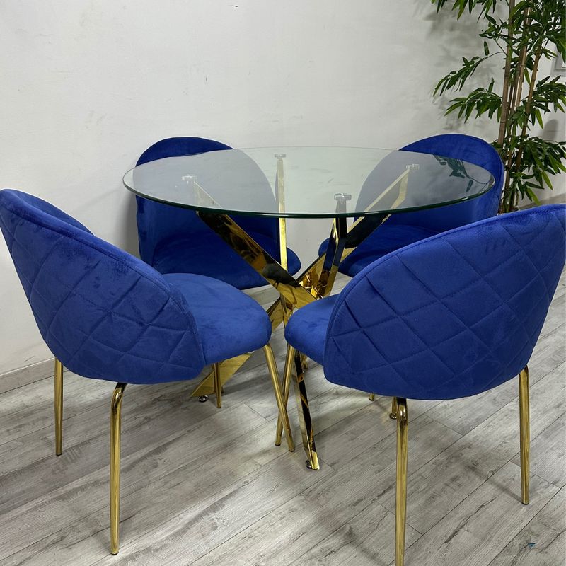 GENERICO - Mesa Dubai Dorada (120cm) con 4 Sillas Tokio Felpa Azul Eléctrico