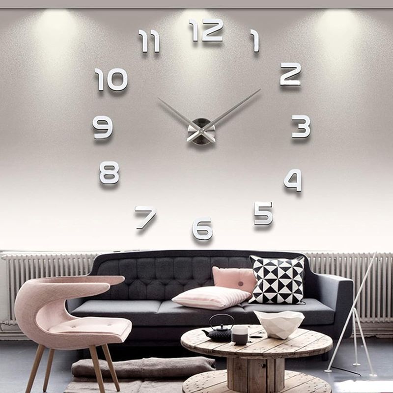 GENERICO - Reloj De Pared 3d Grande Autoadhesivos Números PLATEADOS