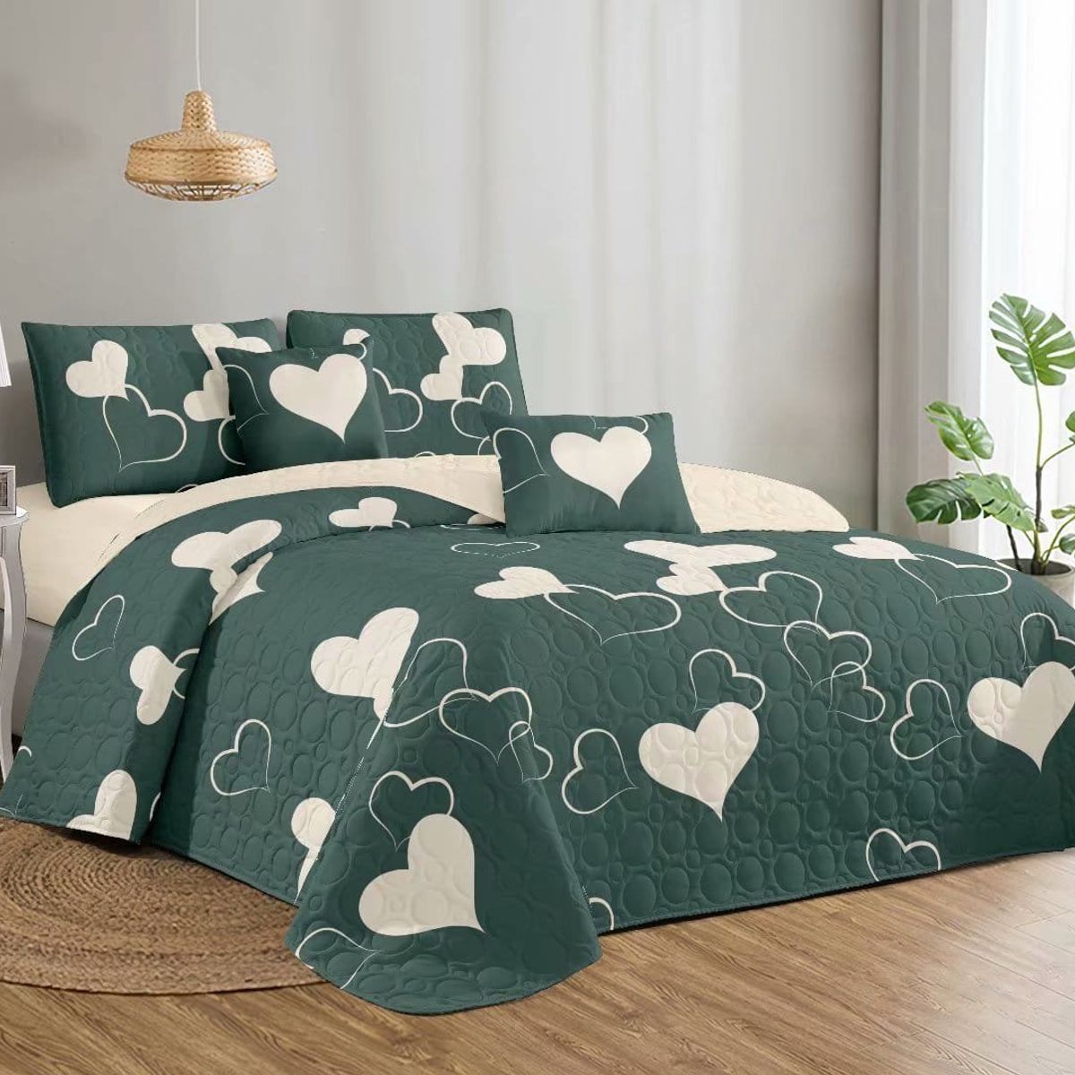 GENERICO - CUBRECAMA QUILT DE VERANO KING CON DISEÑO CORAZON VERDE TF