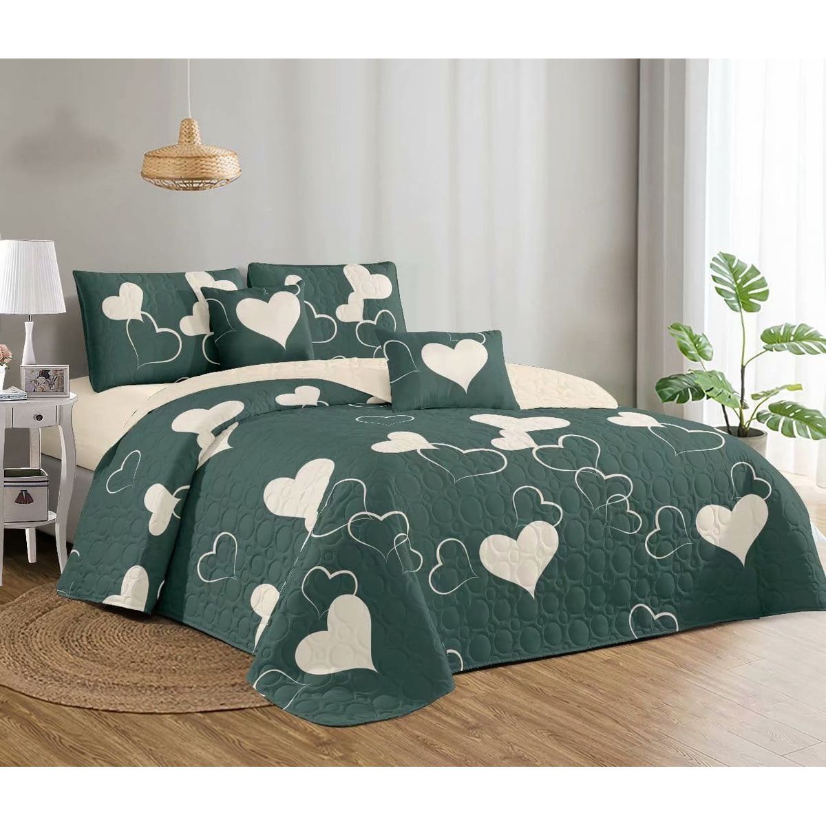 GENERICO - CUBRECAMA QUILT DE VERANO KING CON DISEÑO CORAZON VERDE TF