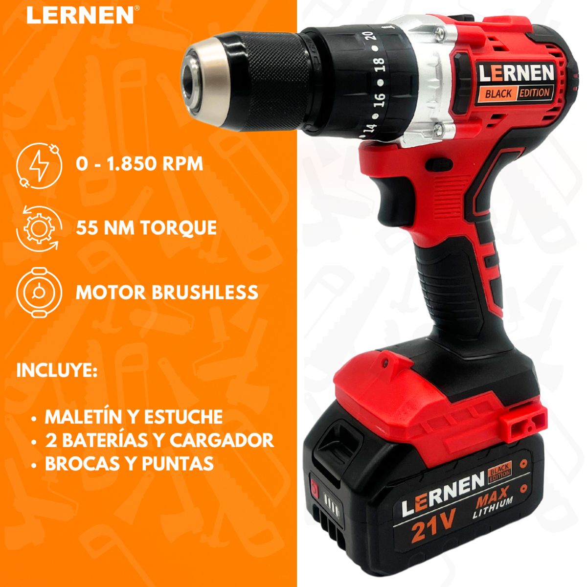 LERNEN - Taladro Percutor Brushless Black Edition Lernen + Bolso + Accesorios