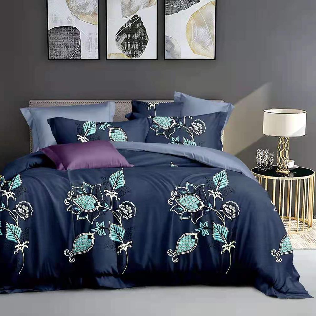 GENERICO - CUBRECAMA QUILT DE VERANO KING CON DISEÑO AZUL MARINO FLOR TF